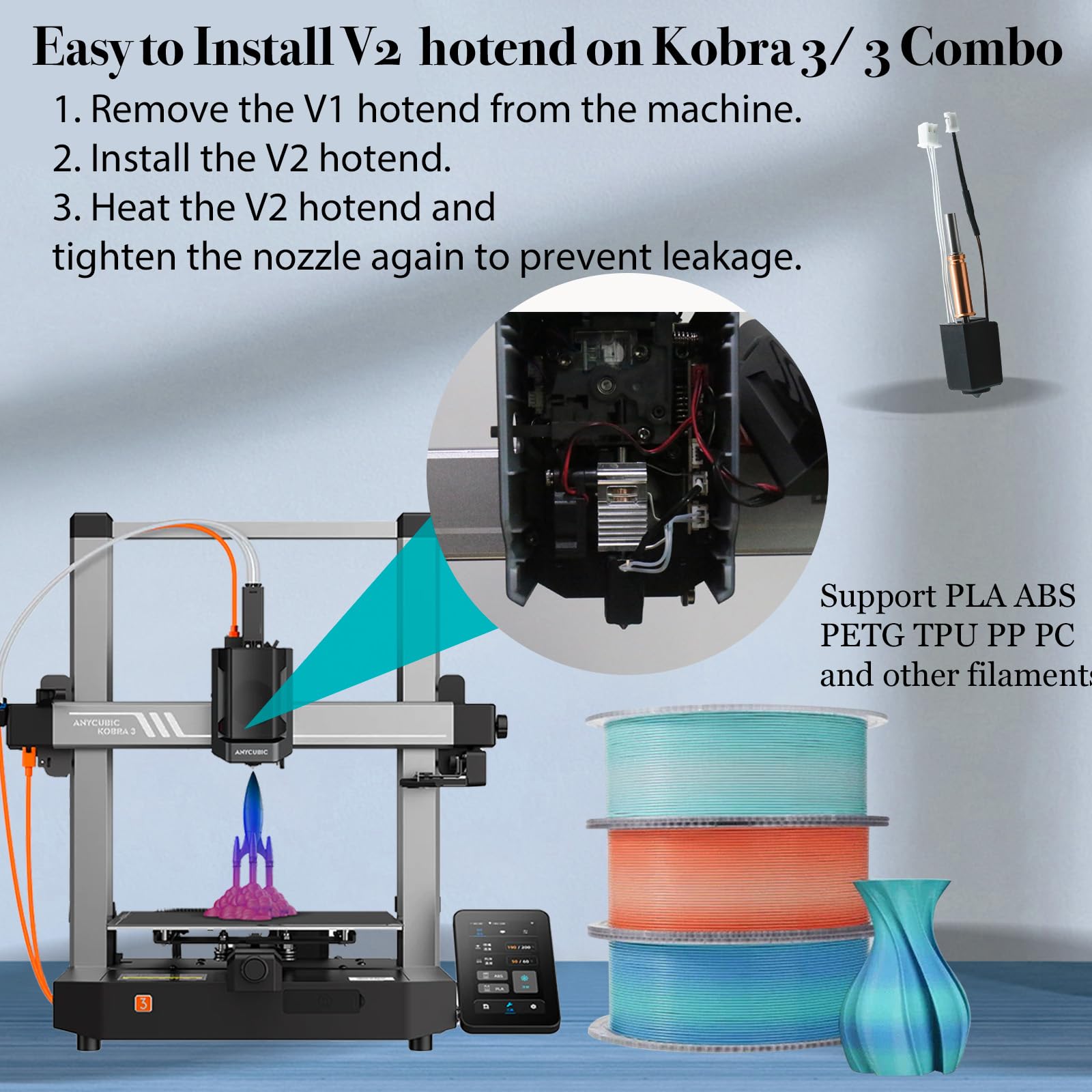 V2.0 Upgrade Ceramic Hotend for ANYCUBIC Kobra 3/Kobra 3 Combo 3D Printer, Assembly Print Head Extruder with Hardened Steel Nozzle Heating Block Silicone Sock Heater Cartridge Hotend Replacem - WoodArtSupply