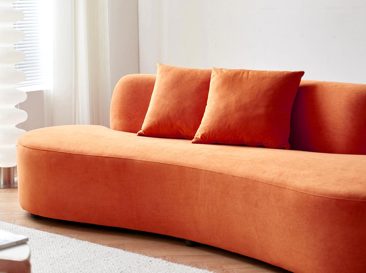 Container Furniture Direct 90" Curved Sofa with Throw Pillows, 4 Seater Luxury Velvet Couch with Half Moon Design and High-Density Foam, Ideal for Modern Living Room, Office & Apartment, Red Orange Container Furniture Direct