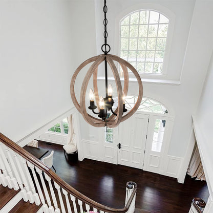 Untrammelife Farmhouse Chandelier, 16" 4-Light Wood Chandelier Rustic Orb Pendant Light Fixtures Black Ceiling Hanging Lighting for Dining Room Foyer Entryway Kitchen Island - WoodArtSupply