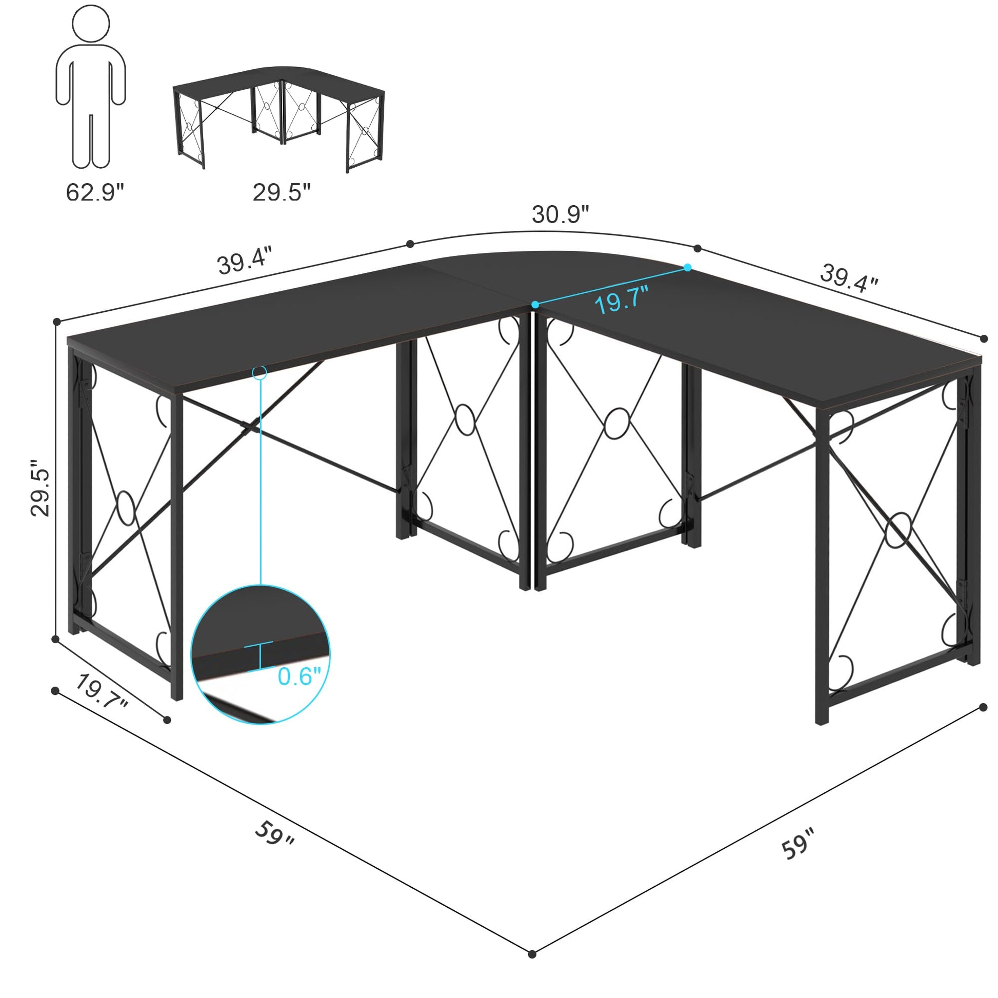 VECELO 59"x59" L Shaped Desk for Computer Gaming Multi-Usage Long 2 Person Table for Home Office Sturdy Writing Workstation, Easy Assembly/Saving Space, Black - WoodArtSupply