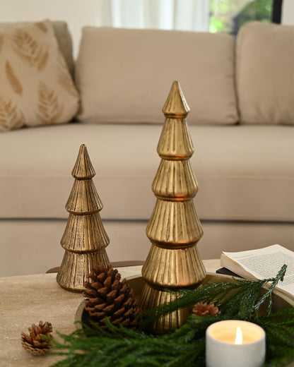 WONDROUS' DECO Wooden Christmas Tree Figurine, Tabletop Gold Tree Figurine, Set of 2 Desk Centerpieces for Christmas Decor