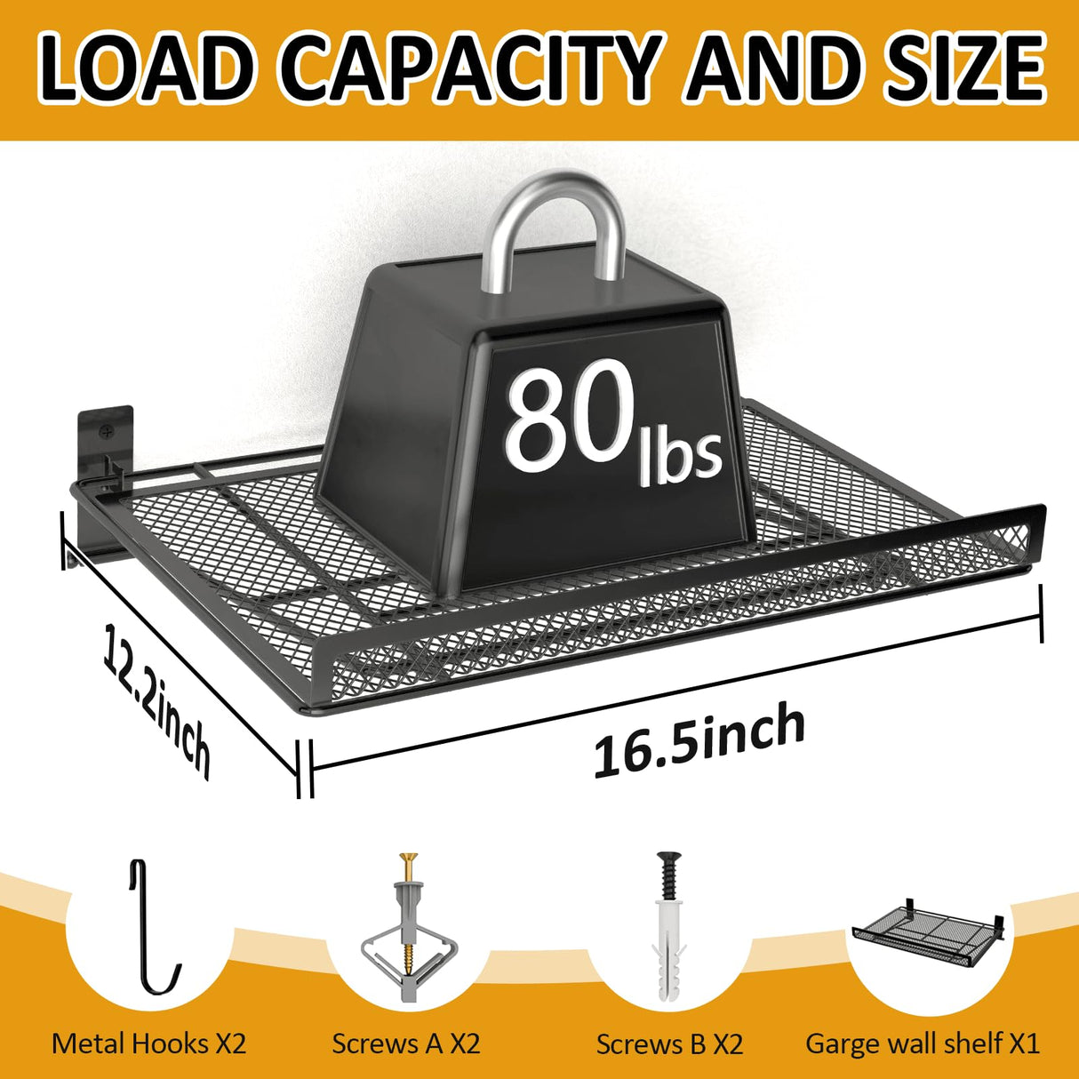 BABKAS Garage Wall Shelving, Metal Garage Wall Shelf with 2 Hooks, Heavy Duty Wall Shelves Mounted for Garage Storage, Laundry Room, Closet and Kitchen | Holds Up to 80 Lbs | 16.5" x 12.2" BABKAS