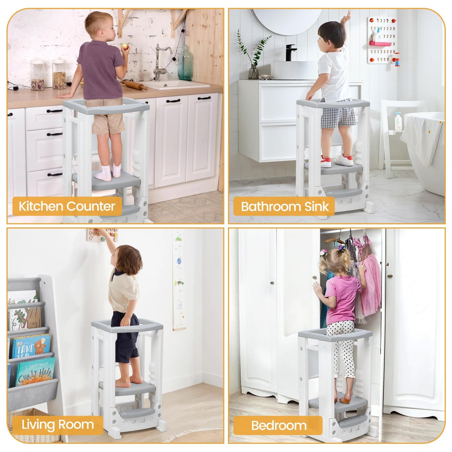 Toddler Tower Toddler Step Stool with Whiteboard & 4 Adjustable Heights, Toddler Kitchen Stool Helper with Safety Rail, Baby Standing Tower Montessori Learning Step Stools for Kids Boys Girls Children