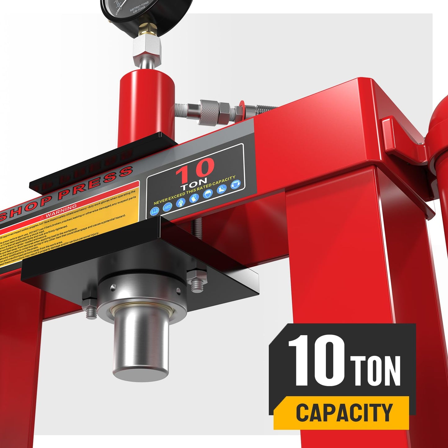 TUFFIOM 10-Ton Hydraulic Shop Press with Pressure Gauge & Press Plates, H-Frame Garage Shop Benchtop Press, Adjustable Working Table Height, Red - WoodArtSupply