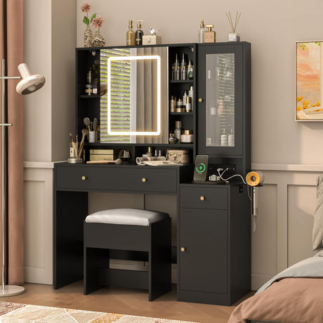 jiteentarou Black Vanity Desk with Sliding Mirror & Lights, Vanity Table Makeup Desk with Charging Station 2 Drawers 2 Doors, Lots Storage Shelves, Large Vanity Set with Cushioned Stool, Black jiteentarou