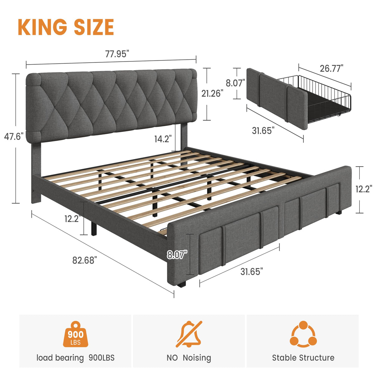 GarveeHome King Size Bed Frame, Upholstered Platform Bed Frame with Storage Drawers, Mattress Foundation with Solid Wooden Slats Support, No Box Spring Needed, Grey GarveeHome