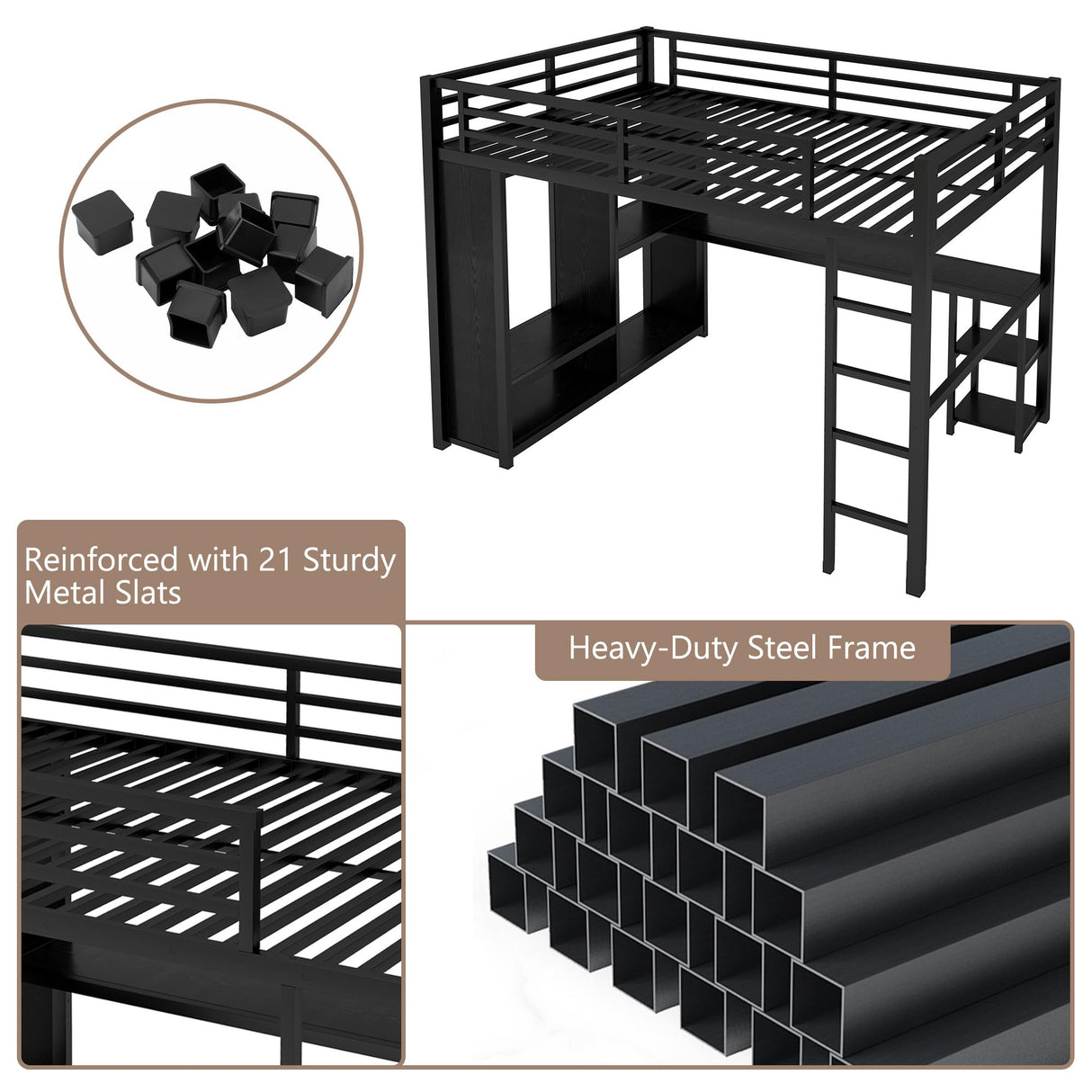 MAKIAAP Queen Heavy Duty Metal Loft Bed with L-Shaped Desk, Wardrobe & 5 Storage Shelves – Space-Saving Design for Kids, Teens, Adults – 500LBS Capacity, Easy Assembly (Queen) MAKIAAP