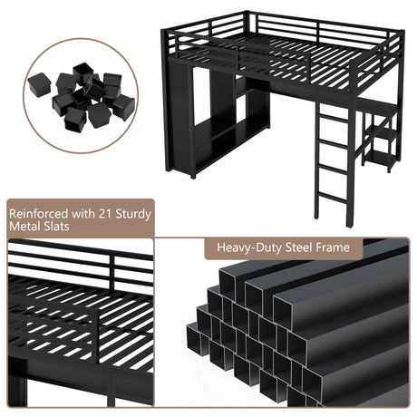 MAKIAAP Queen Heavy Duty Metal Loft Bed with L-Shaped Desk, Wardrobe & 5 Storage Shelves – Space-Saving Design for Kids, Teens, Adults – 500LBS Capacity, Easy Assembly (Queen) MAKIAAP