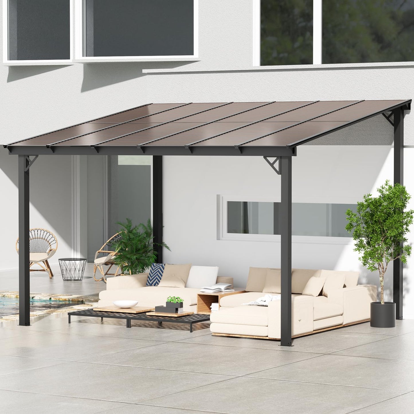 EBE 12' x 10' Gazebo, Wall Mounted Gazebo Pergola on Clearance, Hardtop Lean to Gazebo Awning with Sloped Roof, for Patio, Porch, Deck