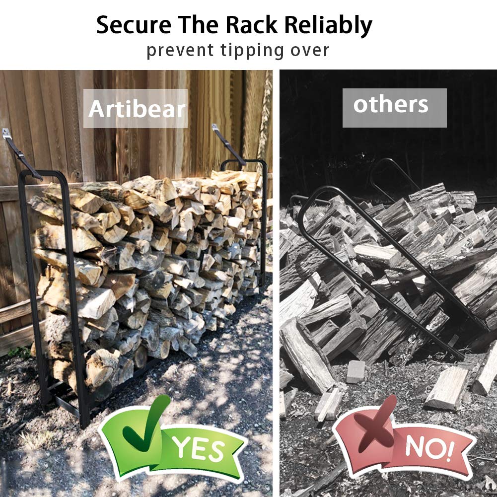 Artibear 4ft Outdoor Firewood Rack, Upgraded Adjustable Heavy Duty Logs Stand Stacker Holder for Fireplace - Metal Lumber Storage Carrier Organizer, Bright Black Artibear