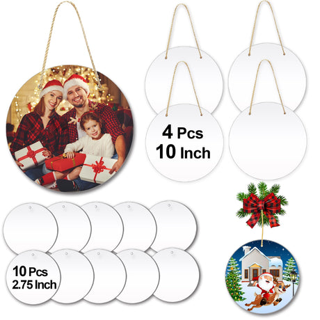 MORABTO 4PCS 10 Inch Metal DIY Personalized Christmas Ornaments +10 PCS 2.75 Inch Round Sublimation Christmas Ornament Blanks for Christmas Tree Decorations Blank Ornaments Decor,Blank Door MORABTO