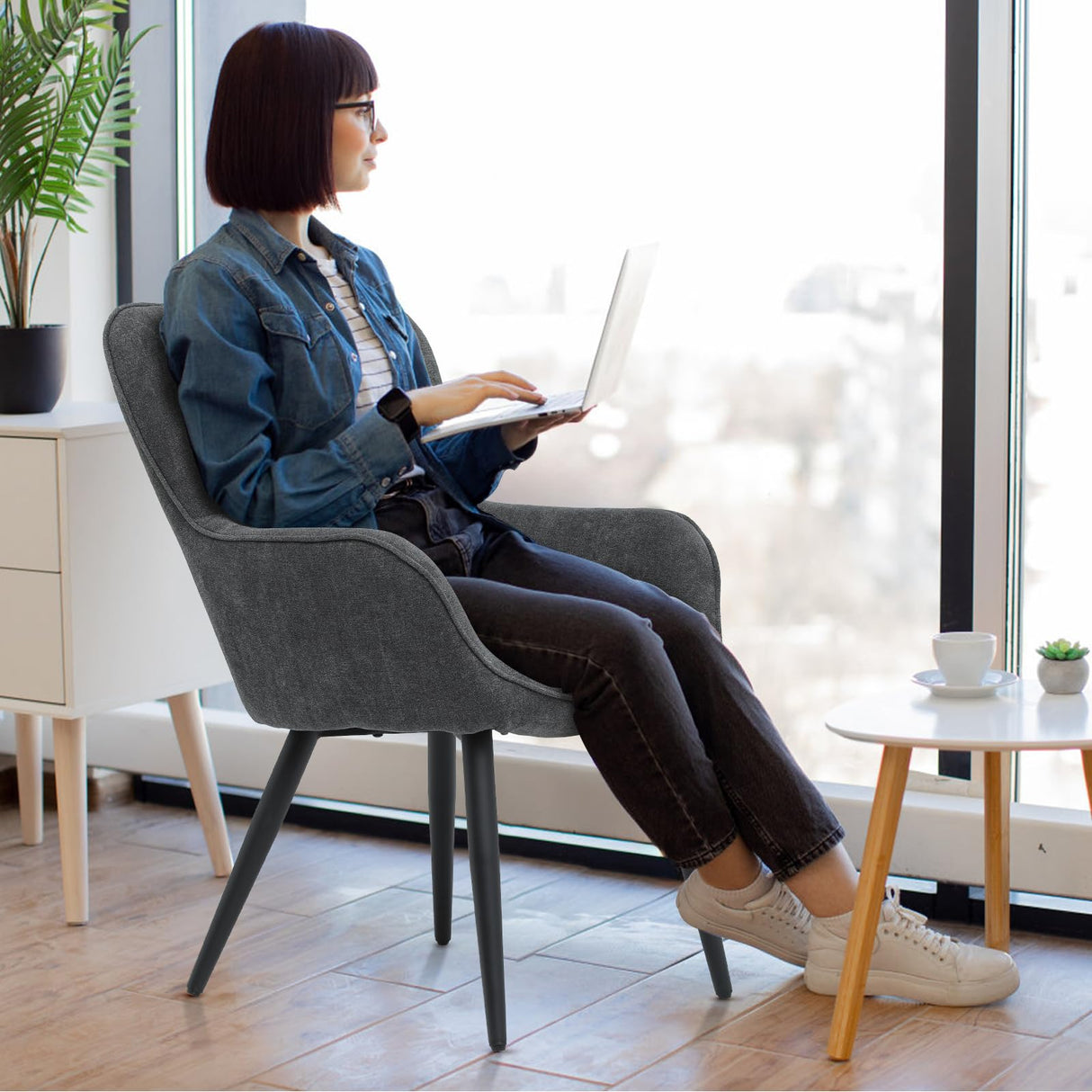 Athena Collection Wingback Accent Chair for Living Room, Upholstered Arm Reading Chair for Adults, Cozy Linen Fabric Armchair with Metal Legs for Bedroom, Makeup, Office, Grey Athena Collection