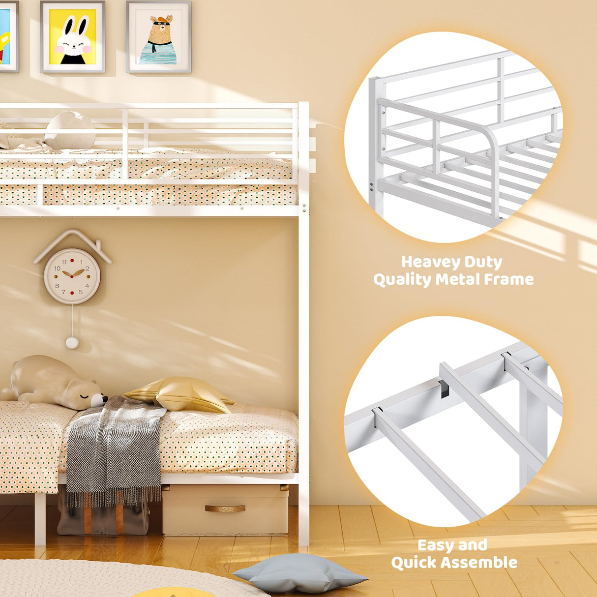 VINGLI Bunk Bed Twin Over Twin with 15 Inches Extra High Guardrail 2 Deckers Bunk Bed with Stairs & Flat Rungs, Heavy Duty Metal Slats, No Box Spring Needed, White VINGLI