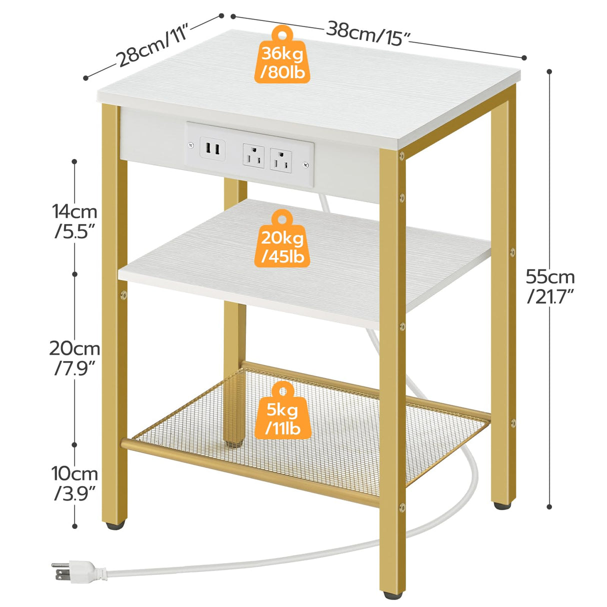 HOOBRO End Tables Set of 2 with Charging Station and USB Ports, 3-Tier Nightstands with Adjustable Shelves, Small Side Tables for Small Space in Living Room, Bedroom, White and Gold DW112BZP201G1 HOOBRO