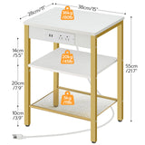 HOOBRO End Tables Set of 2 with Charging Station and USB Ports, 3-Tier Nightstands with Adjustable Shelves, Small Side Tables for Small Space in Living Room, Bedroom, White and Gold DW112BZP201G1 HOOBRO