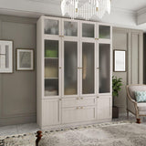 TAMUNE 4 Door Wardrobe Armoire Closet with Hanging Rods & 2 Drawers, Bedroom Armoire with Frosted Glass Doors, Top Cabinets & Gold Knobs, Wood Grain, 19.9”D x 63”W x 86.6”H TAMUNE