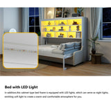 Queen Horizontal Murphy Bed with Sofa and Storage Shelves,LED Light,Solid Wood Space Saving Hideaway Murphy Wall Bed with Couch and Storage for Adults (Beige) MERITLINE