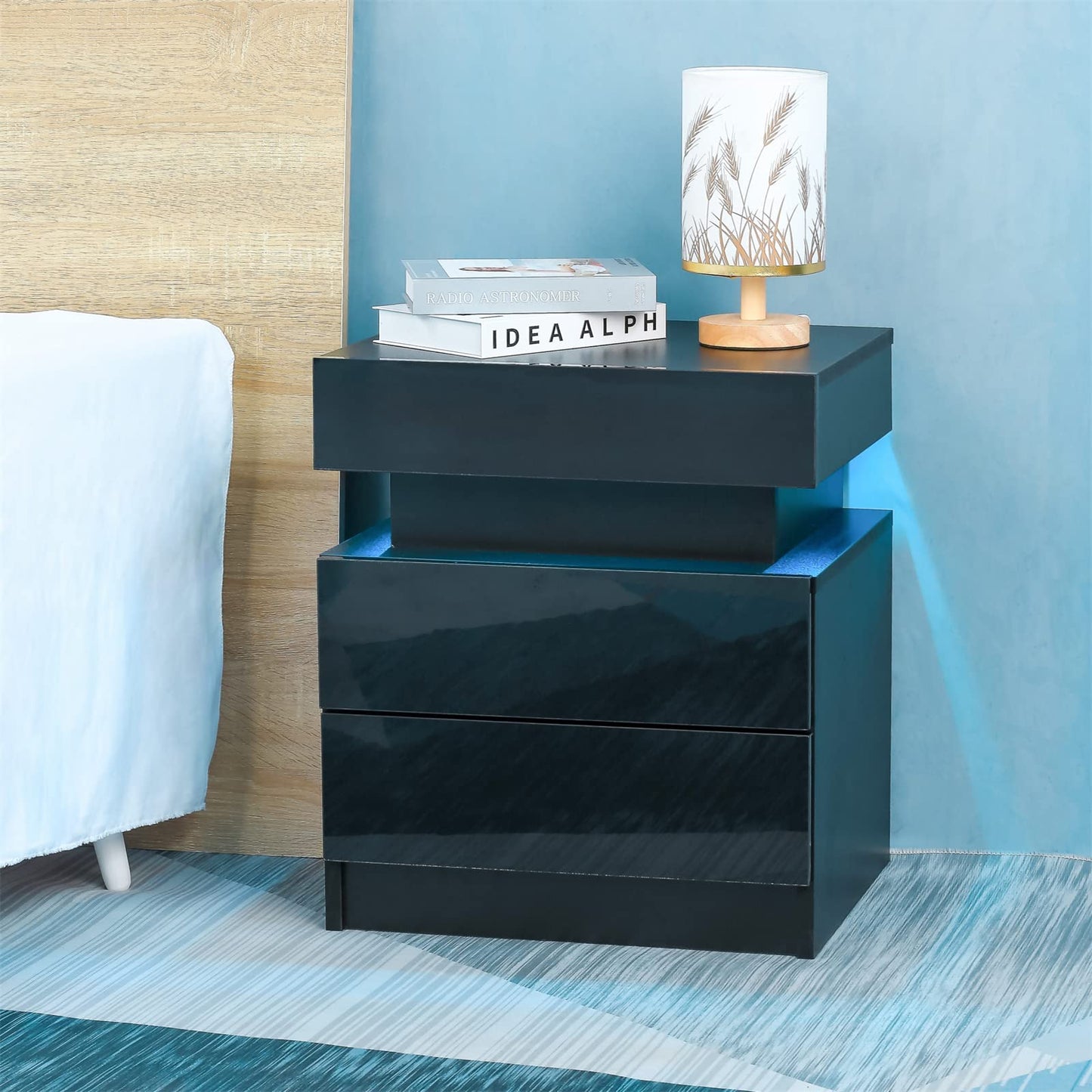 LED Nightstand with 2 Drawers, Bedside Table with High Gloss Drawers for Bedroom Furniture,Bed Side Table with Flip-Top Hidden Storage Space, Modern Black Nightstand for Small Space (Black) - WoodArtSupply