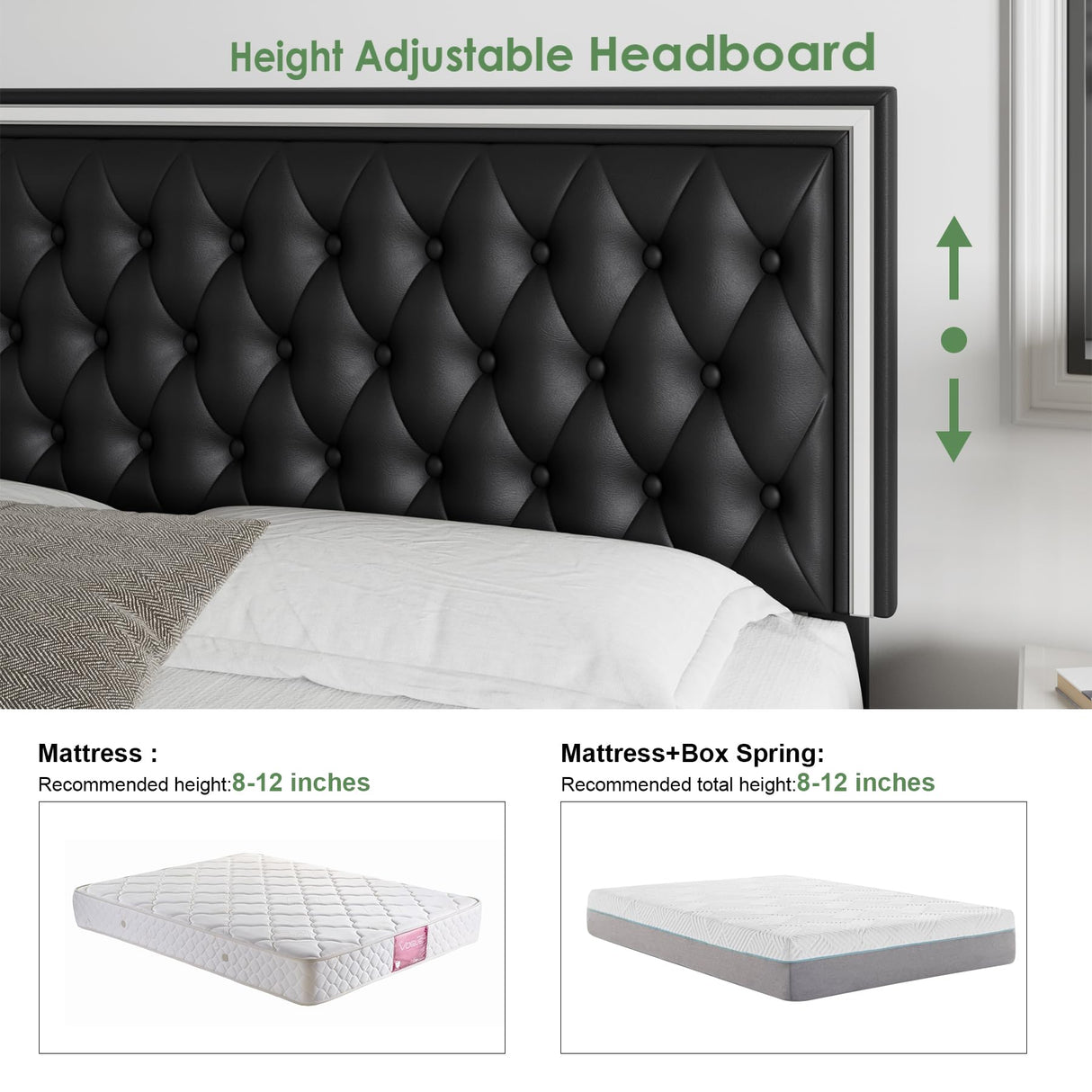 Keyluv Queen Upholstered LED Bed Frame with 4 Storage Drawers and Adjustable Tufted Headboard, Black Keyluv