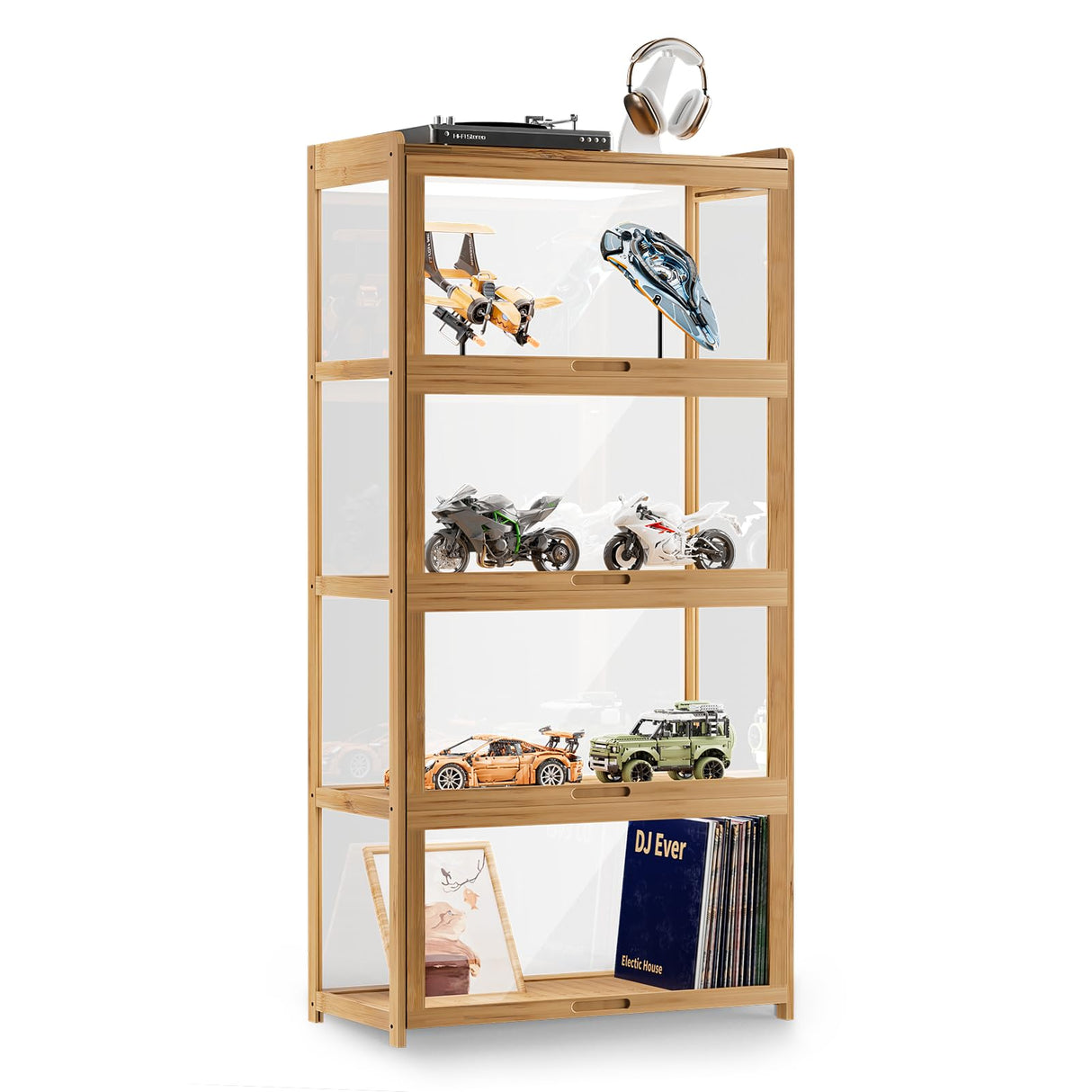 MoNiBloom 55" Curio Display Cabinet with Doors, 4-Tier Bamboo Showcase Storage Cabinet Shelf Collectibles Toy Display Case for Living Room, Natural MoNiBloom