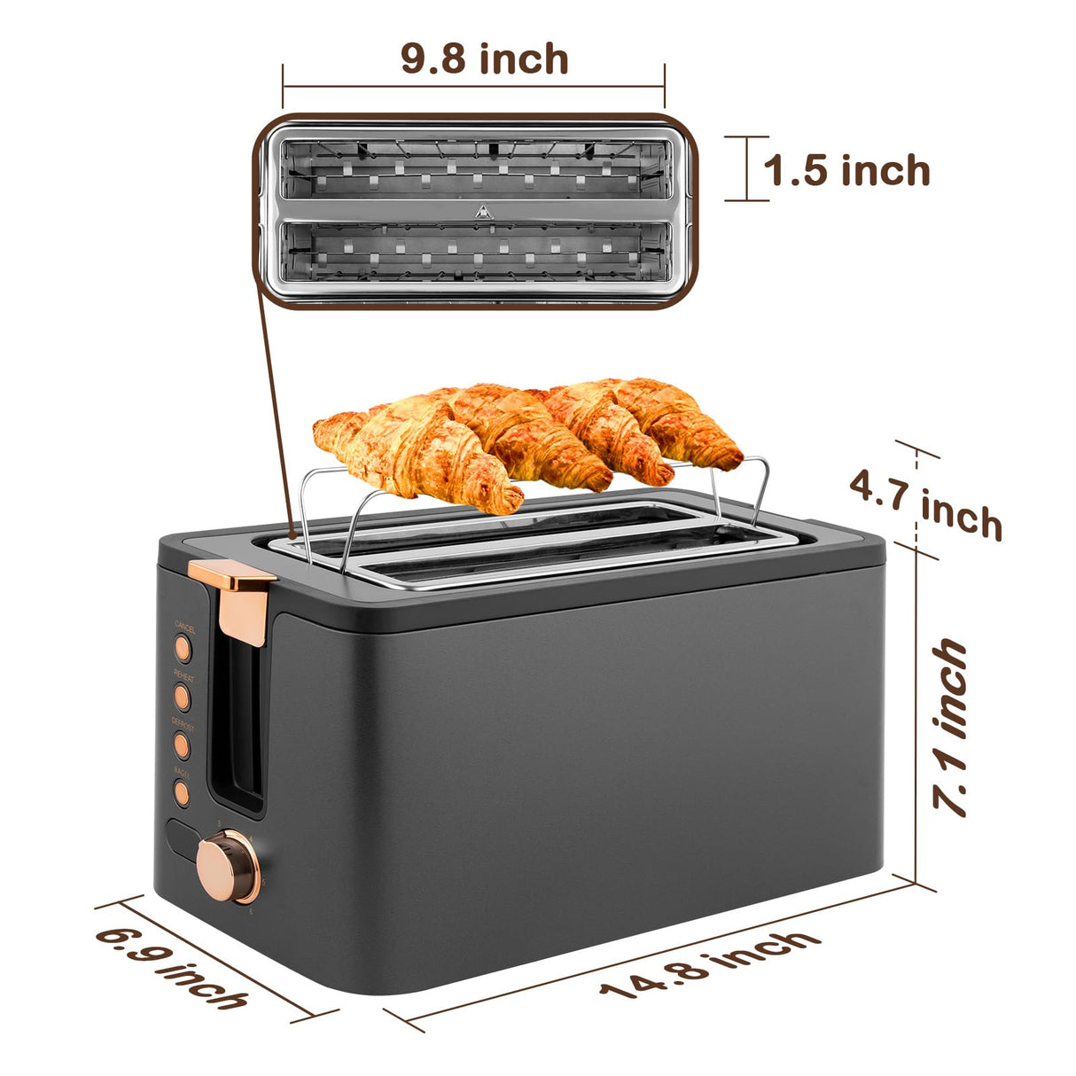 Mecity 4 Slice Toaster, Long Slot Toaster With Warming Rack, Bagel/Defrost/Reheat Functions,Warming Rack, Crumb Tray, 6 Browning Settings, Extra Wide Long Slots, Stainless Steel, 1300W,Grey Mecity
