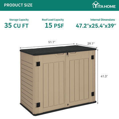 YITAHOME Outdoor Horizontal Storage Sheds w/o Shelf, 35 Cu Ft Lockable Resin Waterproof Shed, Ideal for Garden Tools, Easy to Assemble, Brown - WoodArtSupply