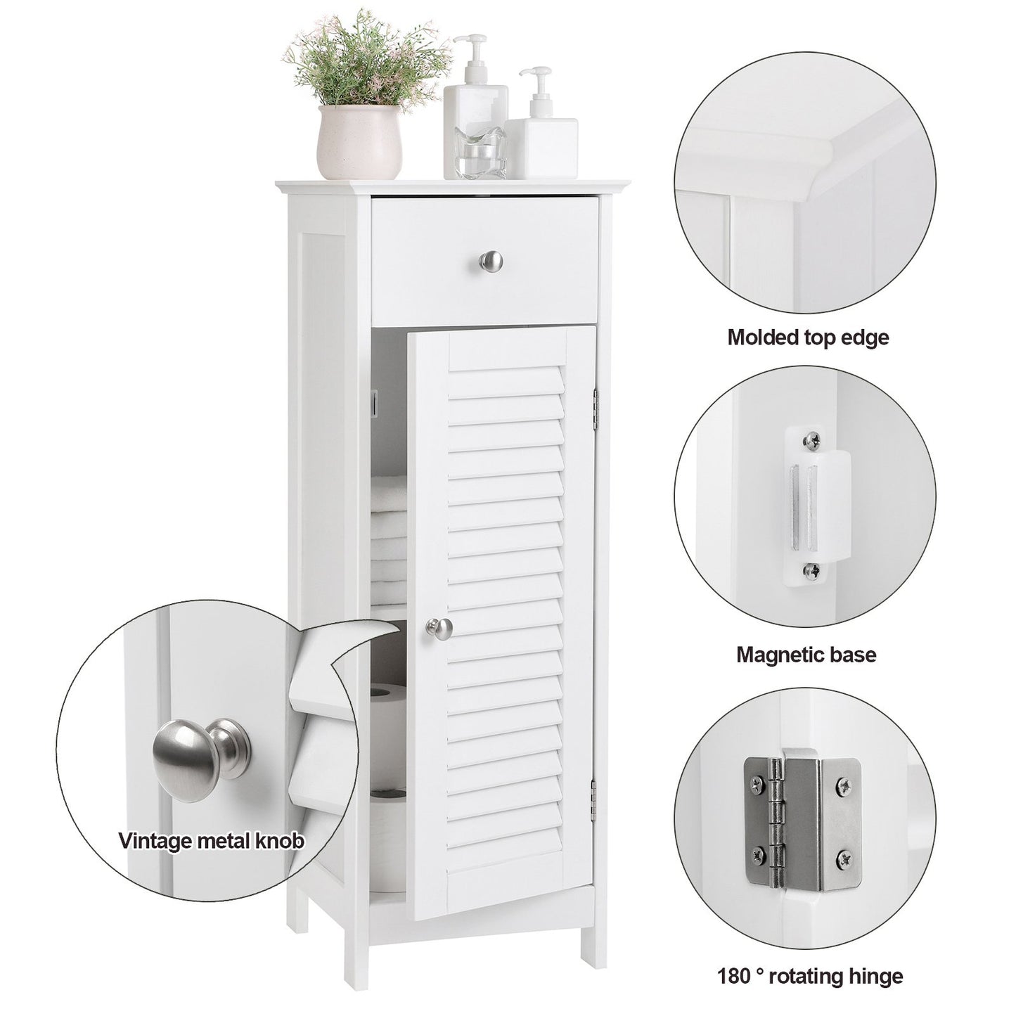 VASAGLE Bathroom Floor Cabinet Storage Organizer Set, with Drawer and Single Shutter Door Wooden, White UBBC43WT