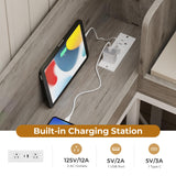 MSmask 14 Inch Corner Bed Frame with Bookcase Storage, Full Daybed with 6 Drawers, Charging Station and LED Light, Full Size Metal Platform Bed Frame for Kids Teenagers, White & Oak Grey MSmask