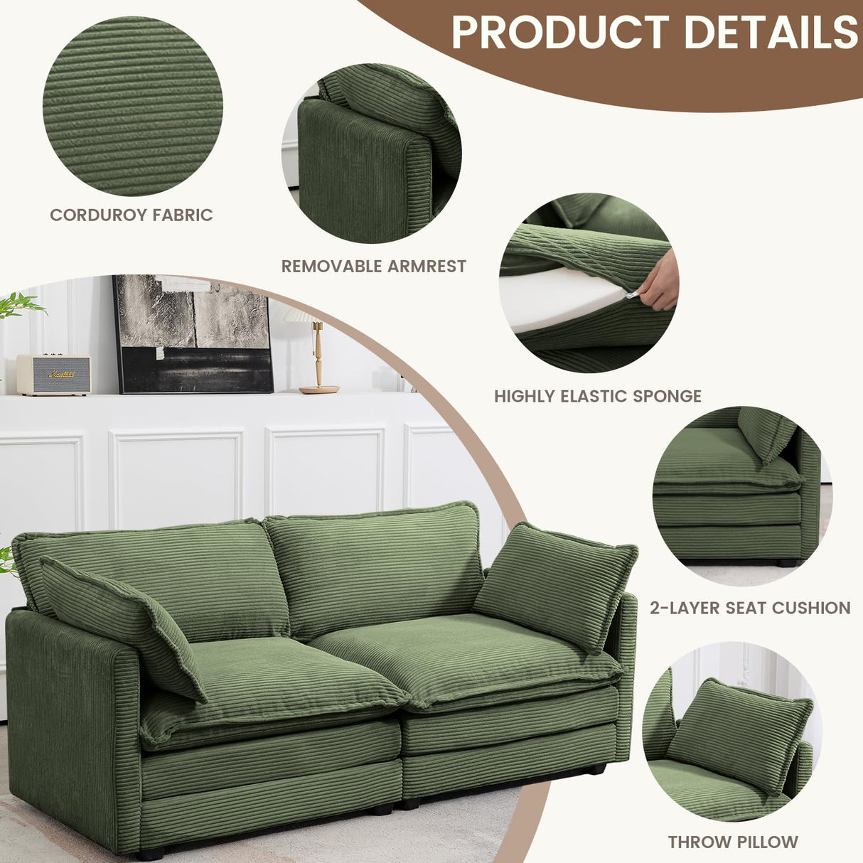 ROWHY Sectional 2 Seat Cloud Loveseat with 2 Throw Pillows, Modern Corduroy Love Seat Sleeper Bed, Convertible Cozy Sofa for Living Room and Office, Green ROWHY