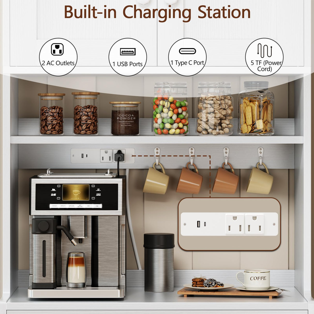 Korfile 71" Tall Kitchen Pantry Storage Cabinet with Power Outlet & LED Light, Freestanding Food Pantry Cabinet with 4 Doors and Shelves, Cupboard with Drawer, Hutch with Microwave Stand, White Korfile