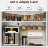 Korfile 71" Tall Kitchen Pantry Storage Cabinet with Power Outlet & LED Light, Freestanding Food Pantry Cabinet with 4 Doors and Shelves, Cupboard with Drawer, Hutch with Microwave Stand, White Korfile