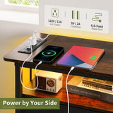 Yoobure End Table with Charging Station, LED Narrow Side Table Bedside Table, Small Night Stand End Tables Living Room, Skinny Nightstand with 3 Fabric Drawers, Side Tables Bedroom for Small Spaces Yoobure