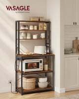 VASAGLE Bakers Rack with Power Outlet, 31.5 Inches Coffee Bar for Kitchen with Storage, 6-Tier Kitchen Shelves with 6 Hooks, Microwave Stand, Rustic Brown and Black UKKS119K01 VASAGLE
