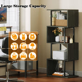Furologee Geometric Bookshelf 5 Tier Bookcase, Industrial S-Shaped Display Storage Shelf for Small Space, Tall Metal Wood Decorative Standing Shelves for Bedroom, Living Room, Office, Black Oak Furologee