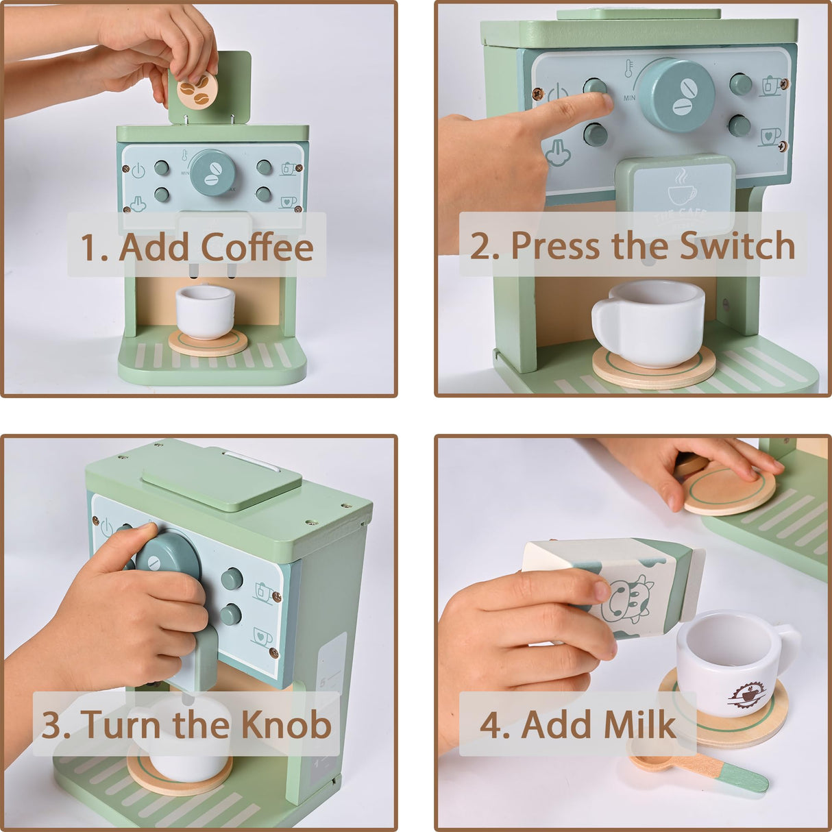 MONT PLEASANT Kids Wooden Toys Toddler Pretend Play Kitchen Accessories Green Coffee Maker Espresso Machine Playset Montessori Kitchen Toy Gift for Girls and Boys MONT PLEASANT