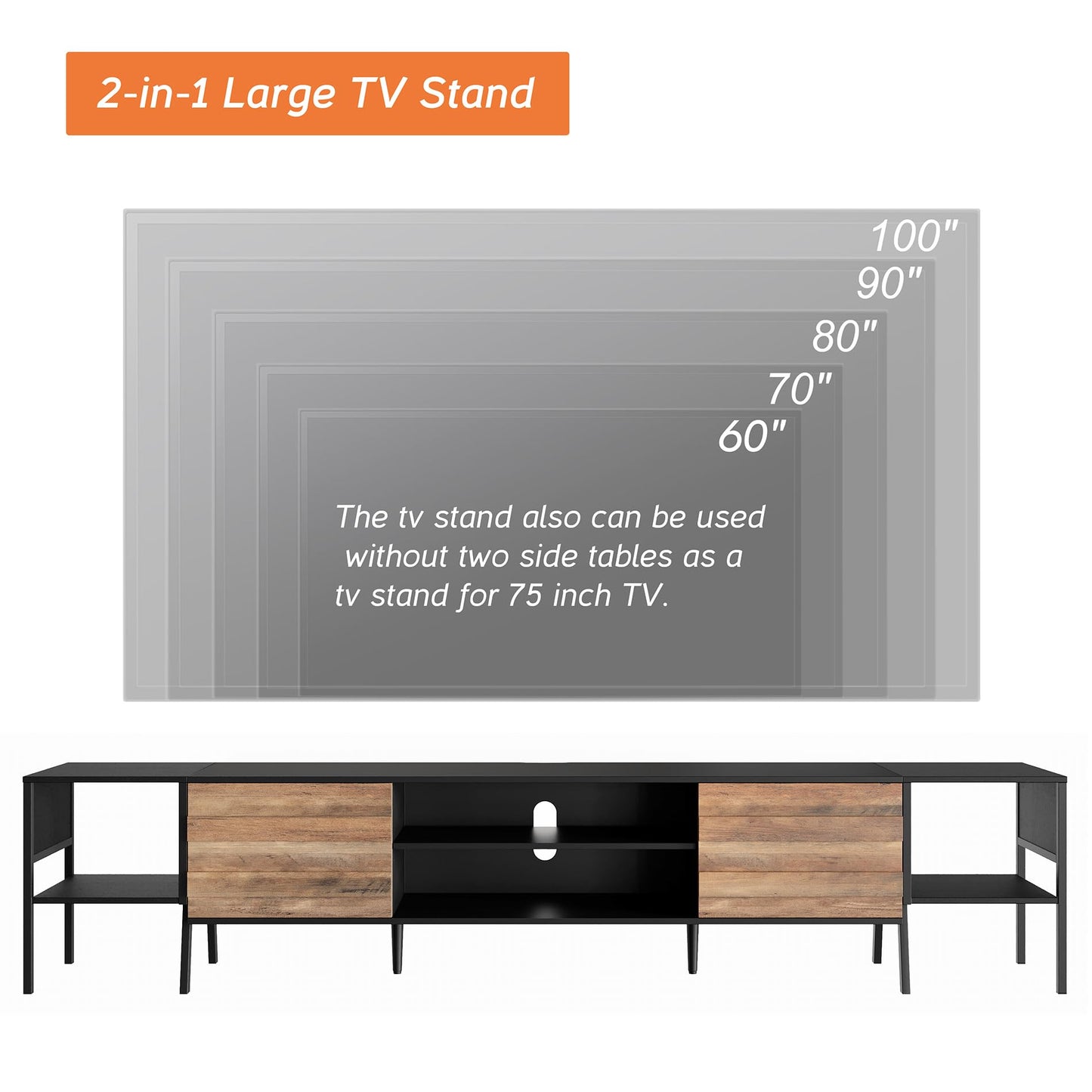 WAMPAT Mid-Century TV Stand for 100 Inch TV, Wood TV Console Media Cabinet with Storage for 85 90 95 inch TV Entertainment Center for Living Room Bedroom, Black & Oak