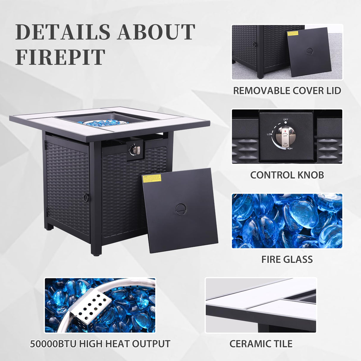 Valita 7 Piece Outdoor PE Wicker Furniture Set, Patio Gray Rattan Sectional Sofa Couch Adjustable Gas Fire Pit Dark Blue Cushions Valita