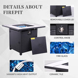 Valita 7 Piece Outdoor PE Wicker Furniture Set, Patio Gray Rattan Sectional Sofa Couch Adjustable Gas Fire Pit Dark Blue Cushions Valita