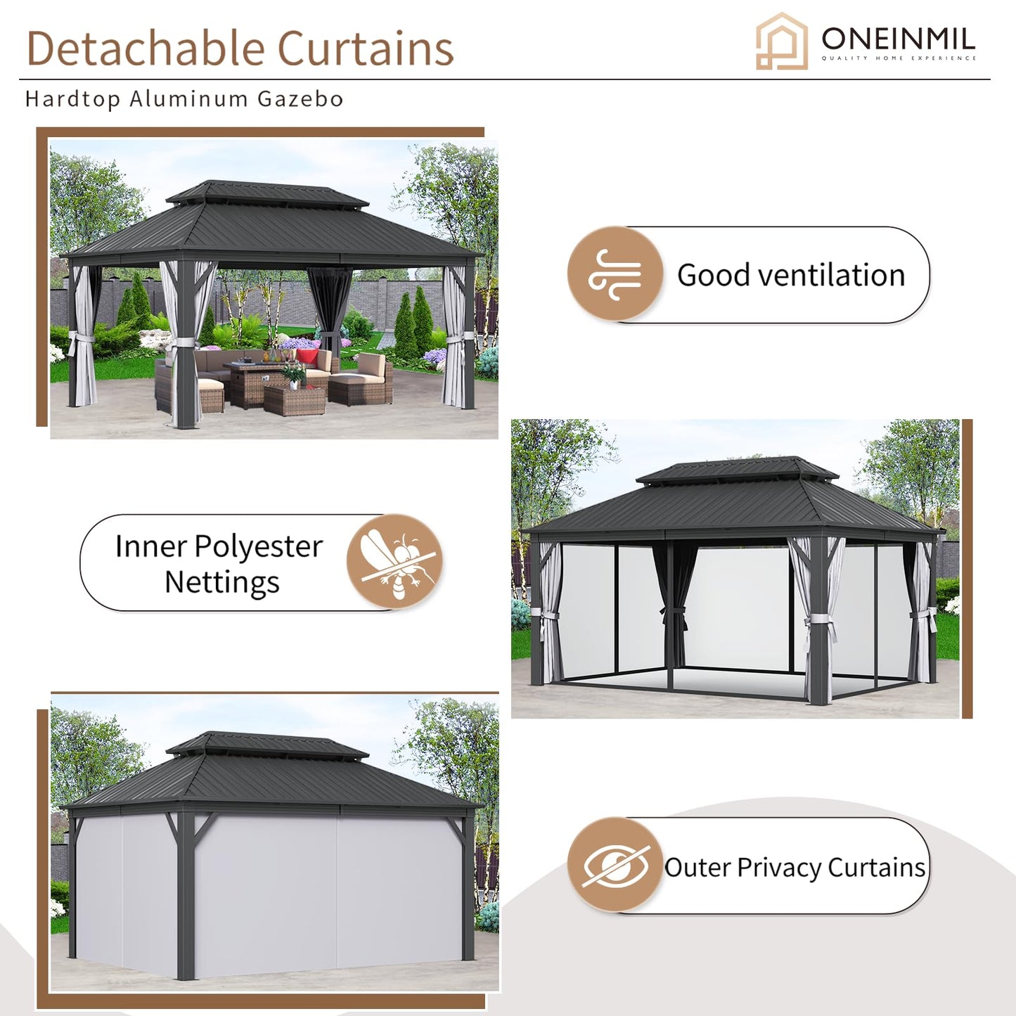 oneinmil 12' X 16' Hardtop Gazebo, Outdoor Gazebo with Netting and Curtains, Galvanized Steel Double Top Permanent Aluminum Gazebo, for Gardens, Decks, Patios, Parties - WoodArtSupply