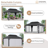 oneinmil 12' X 16' Hardtop Gazebo, Outdoor Gazebo with Netting and Curtains, Galvanized Steel Double Top Permanent Aluminum Gazebo, for Gardens, Decks, Patios, Parties oneinmil