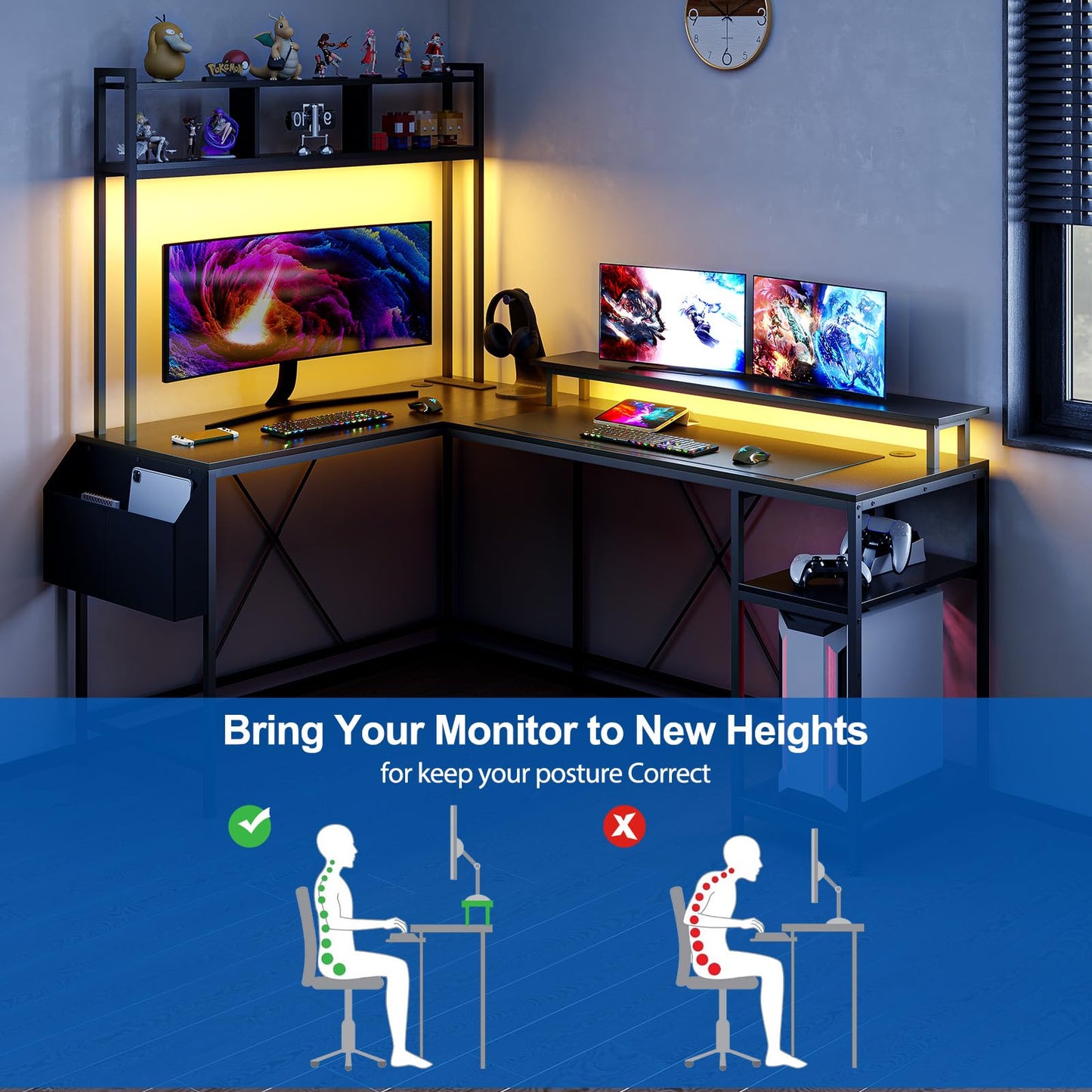 Jojoka L Shaped Computer Gaming Desk with LED Lights & Power Outlets, 67" Reversible Large L-Shaped Desk with Monitor Stand & Storage Shelves (Black)