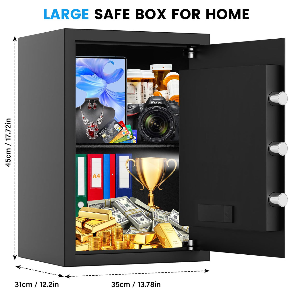 3.5 Cub Large Home Safe Fireproof Waterproof, Digital Fire proof Safe Box With Fireproof Bag, Combination Lock and Alarm Systerm, Anti-theft Safes for Home Files Ammo Pockrif