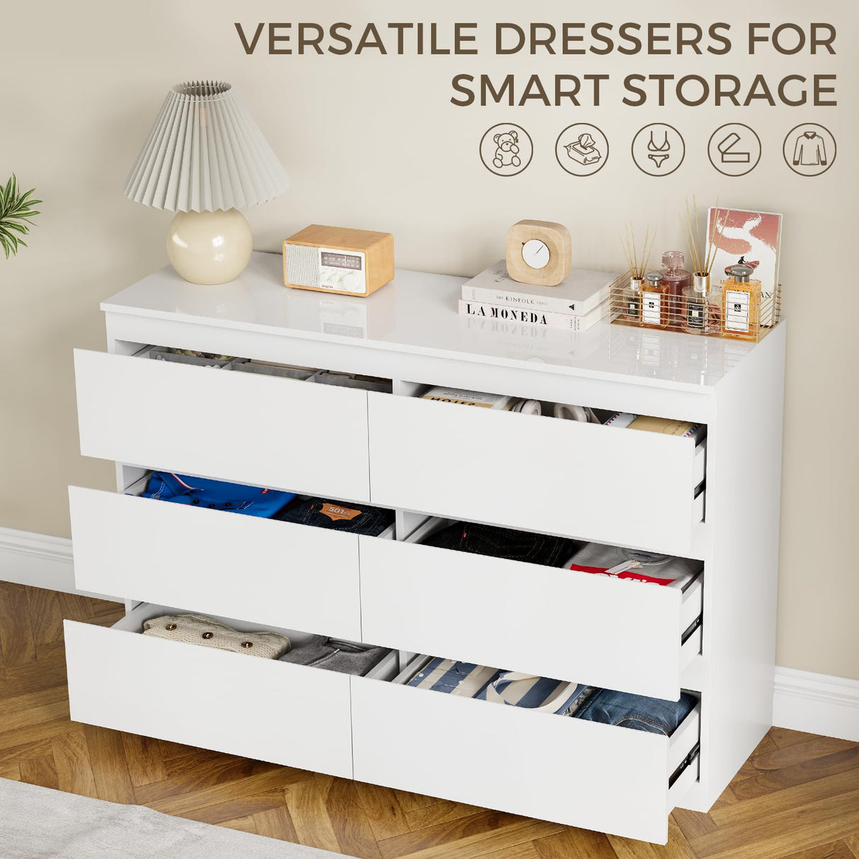 OtterOasis White Wood Dresser, 6 Drawer Dressers for Clothes Storage for Bedroom, Modern Dresser with Wide Drawers, Wide Wooden Chest Drawers for Living Room, Entryway, TV Stand(47" W x15.4 Dx32.3 H) OtterOasis