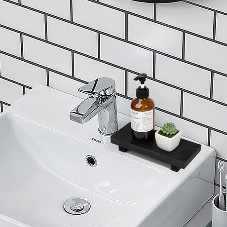 Bathroom Counter Organizer Wood Pedestal Stand Farmhouse Decorative Tray Soap Holder for Kitchen Decor, Small, Black zoocatia