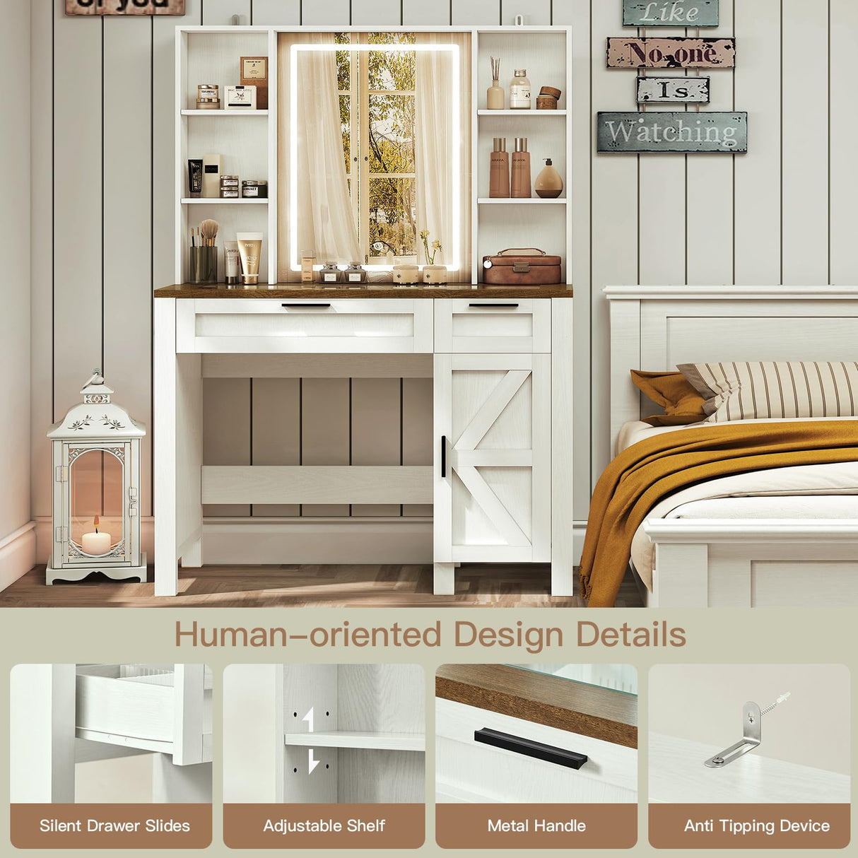 usikey Farmhouse Makeup Vanity Desk with Mirror and Lights, Glass Tabletop Makeup Vanity with Adjustable Shelves, Vanity Table Set with 2 Drawers and Side Cabinet for Bedroom, White usikey