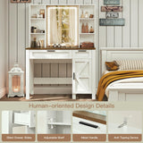 usikey Farmhouse Makeup Vanity Desk with Mirror and Lights, Glass Tabletop Makeup Vanity with Adjustable Shelves, Vanity Table Set with 2 Drawers and Side Cabinet for Bedroom, White usikey