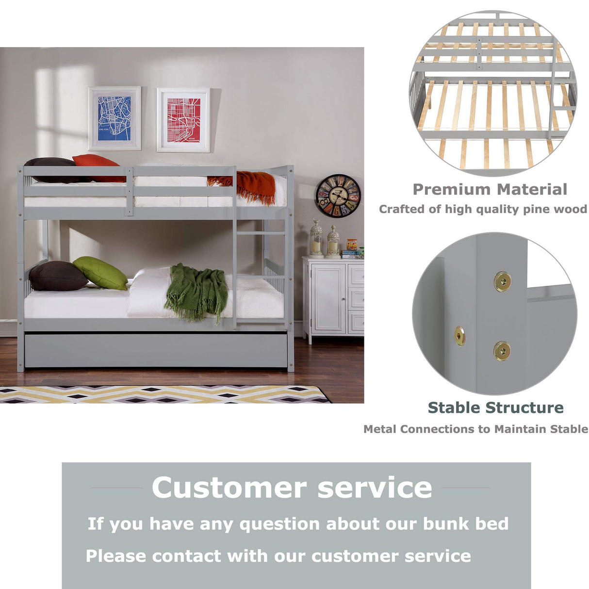 WIILAYOK Full Over Full Bunk Bed with Trundle, Convertible to 2 Full Size Platform Bed, Full Size Bunk Bed with Ladder and Safety Rails for Teens, Adults, Grey WIILAYOK