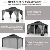 Gotland 12' x 14' Grey Hardtop Gazebo with Curtains and Netting, Double Roof Iron Metal Pergola for Patio, Garden, Lawn Gotland