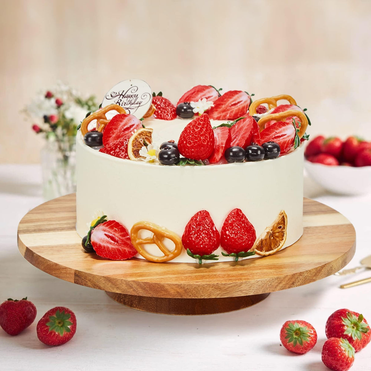 12" Acacia Wood Revolving Cake Stand, Rotating Cake Turntable, Wooden Rotating Display Stand for Cake, Cupcake Decorating Supplies GOVOKOI