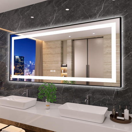 Amorho LED Bathroom Mirror, 72"x32" Front Light and Backlit, Black Framed, Stepless Dimmable, Anti-Fog, Shatter-Proof, Memory, 3 Colors, Double LED Vanity Mirror Amorho